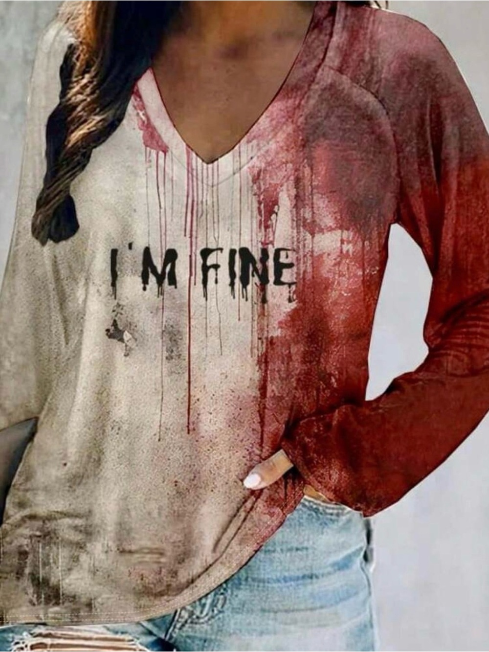 SHEIN I'M FINE V-Neck Long Sleeve Top in Red and Cream